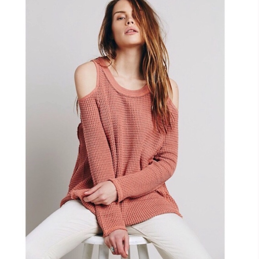 Free People Cold Shoulder Knit Distressed Sweater